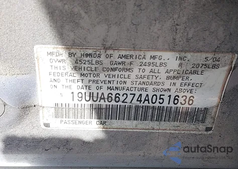 2004 Acura Tl from USA, damaged, VIN 19UUA66274A051636